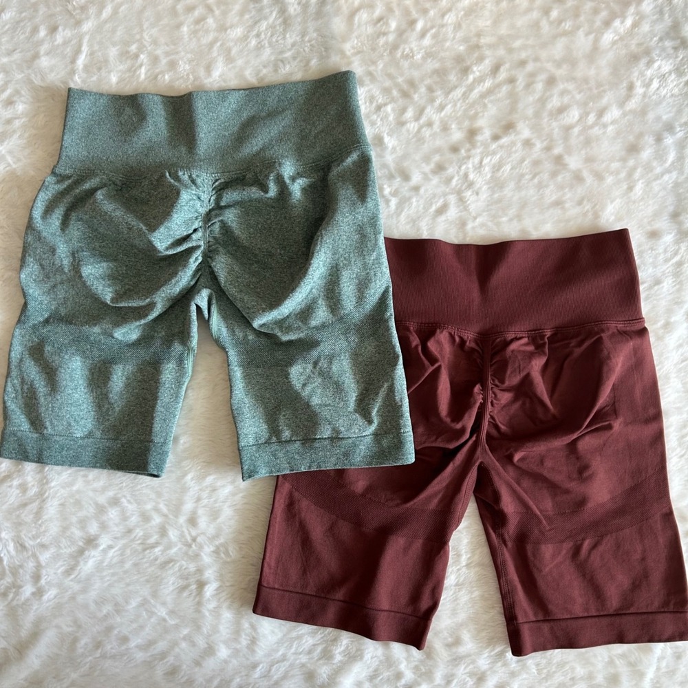 Athletic Biker Shorts Women XL Heather Green Brown Scrunch Butt Seam New